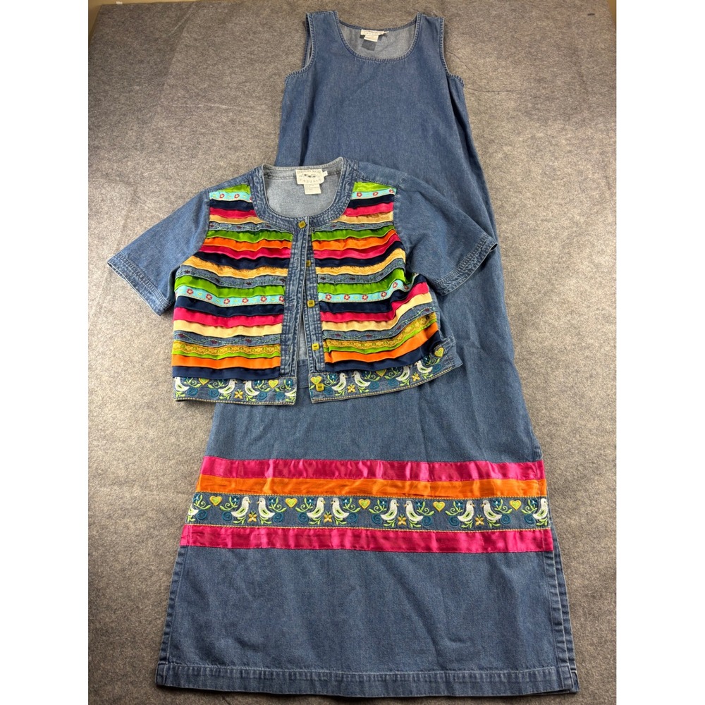 VTG Country Wear Casuals Women S Denim Maxi Dress and Ribbon Jacket Set Bird